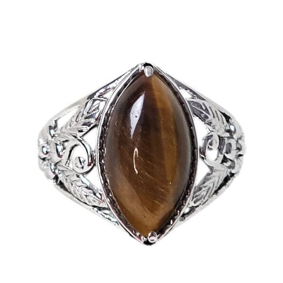Silver Tone Tigers Eye Gemstone Solitaire New Stainless Steel Ring - Picture 6 of 7